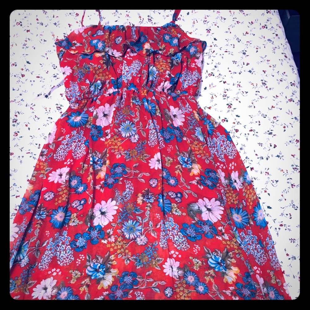 Forever 21 red/orange floral sheer maxi dress
